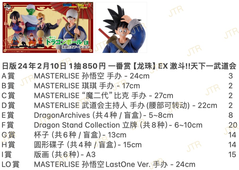 日版2月10日开抽 1抽850円 一番赏【龙珠】EX 激斗!!天下一武道会